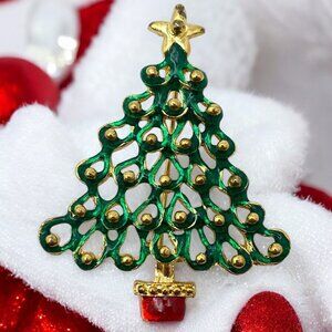 Vintage Christmas Tree Brooch Pin Gold Tone Green Enamel Holiday Accent